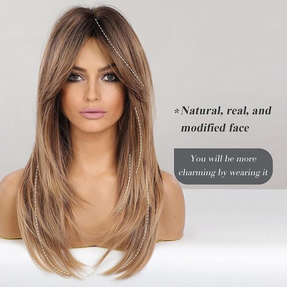 HAIRCUBE Long Layered Synthetic Hair Wigs for Women with Bang - Picture 2 of 4